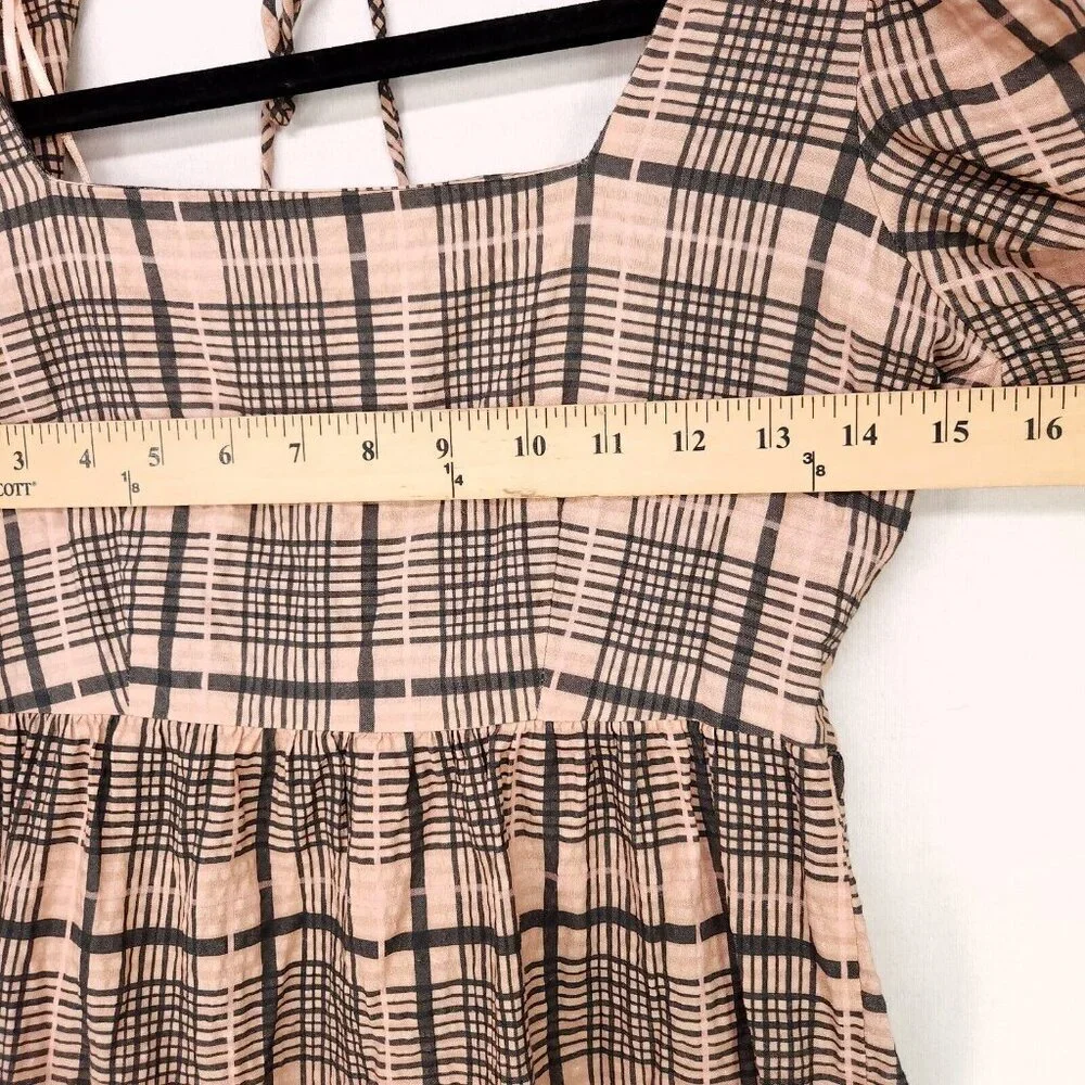 Topshop Babydoll Mini Dress Balloon Long Sleeve Size 4 Boho Gingham Brown - Picture 10 of 15